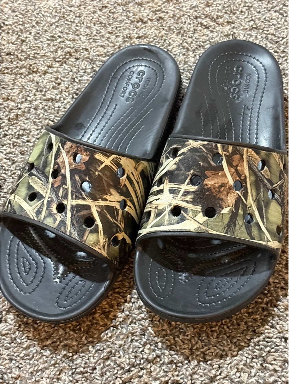 Crocs Men's Size 13 Black and Camouflage Slide Sandals